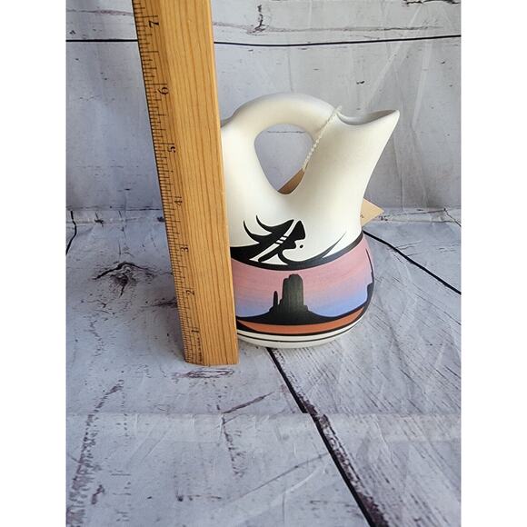 Vintage Native American Pottery Navajo Wedding Vase Signed Blue Pink Orange 5.5" - Picture 4 of 8